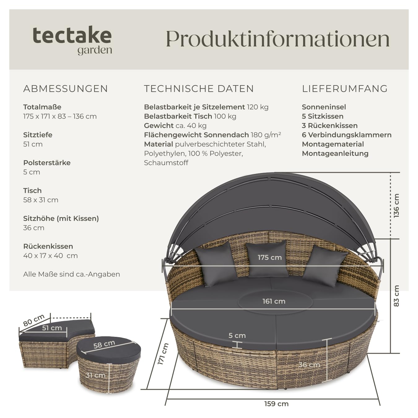 tectake Gartenmuschel Liege 2 Personen Natur